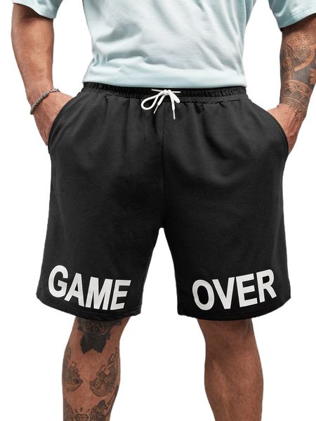

extended sizes men slogan graphic drawstring waist shorts k7n9#, White;black
