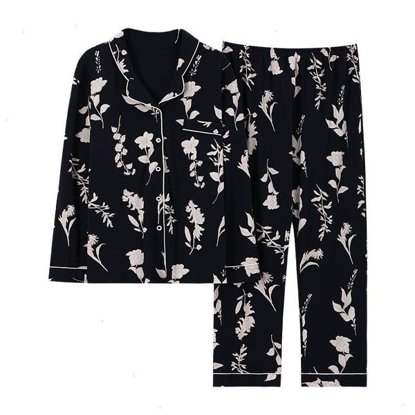 

spring autumn knitted cotton women pajamas set floral sleepwear long sleeve turn-down collar -3xl female homewear, Black;red