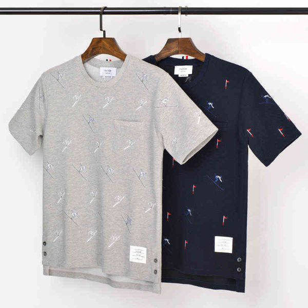 

2021 fashion brand tb thom t-shirt men women short sleeve casual clothing summer o-neck cotton ski embroidery shirts, White;black