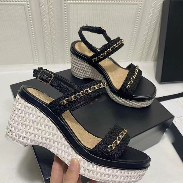 

2022slides women's designer g chain metal buckle women's slippers formal shoes high heels luxury thick soled shoes leather herring, Black