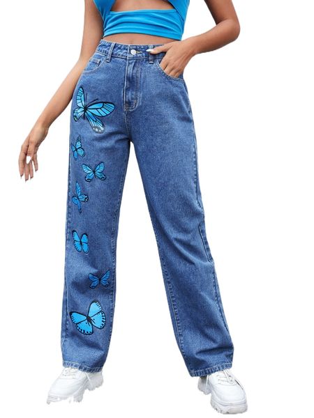 

butterfly print high waist straight leg jeans 79y7#, Blue