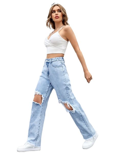 

zipper fly ripped raw hem boyfriend jeans z29x#, Blue