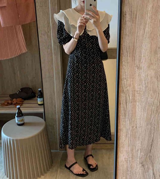 

casual dresses designer 22 spring and summer new french ruffle floral dress temperament waist chiffon wave point skirt jaoo, Black;gray