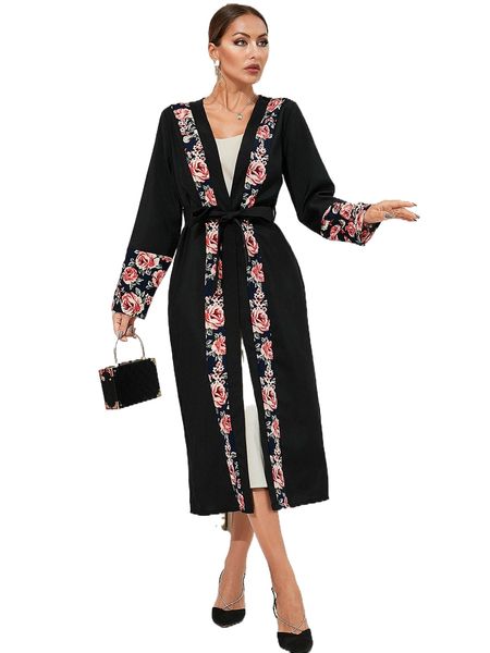 

contrast floral panel belted coat b4k2#, Black