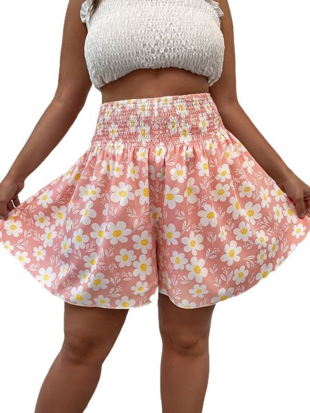 

plus allover floral print shirred waist wide leg shorts t3kc#, Black