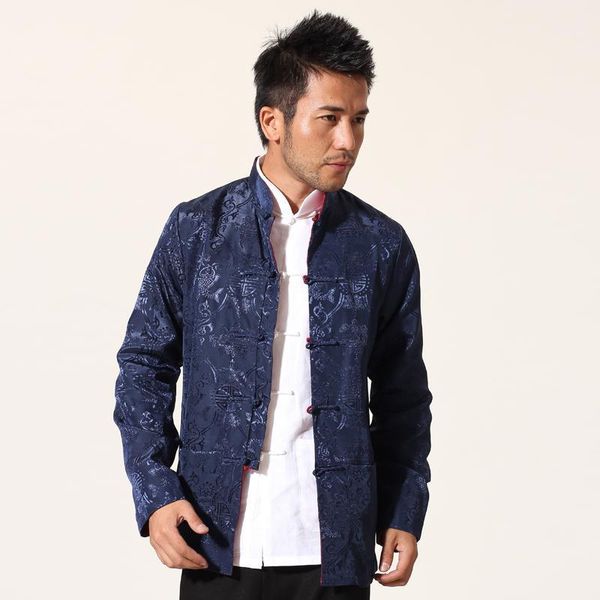 Мужские куртки темно -синий красный китайский мужской атласная куртка двухстороннее пальто мандаринское воротник Top Top Pocat M L XL XXL XXXL MN12