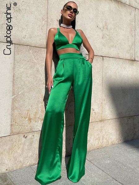 

cryptographic silky satin camis crop and pants 2 piece set for women matching sets outfits high waist pants streetwear 220526, White