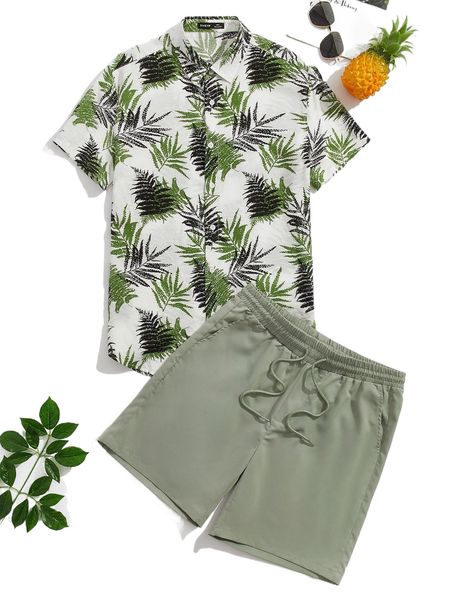 

men tropical print shirt & drawstring waist shorts 2962#, Gray