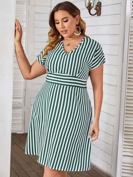 

plus v neck tie backless striped dress 26vi#, Black