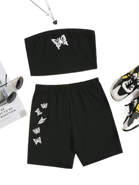 

butterfly print tube and shorts 86td#, White