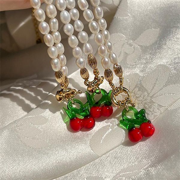Anhänger Halsketten Französisch Mode Retro Süßwasser Perle Rote Kirsche Halskette Weibliche Persönlichkeit Trend Einfache Temperament All-match Schlüsselbein C