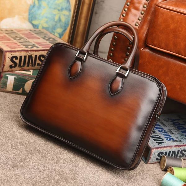 

retro style men bag hand color real genuine leather briefcases