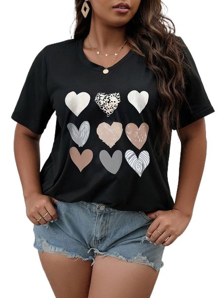 

plus heart print tee b43w#, Black
