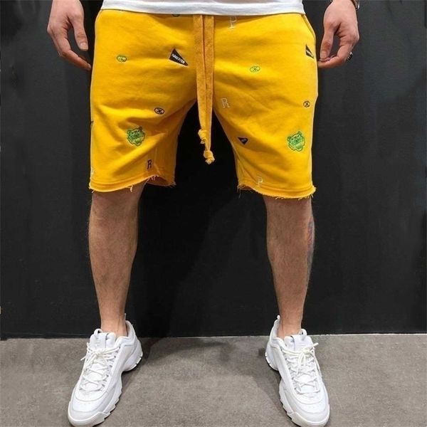 

trends brand shorts male beggar shorts embroidered fashion fitness pants summer outdoor sport casual street hip hop short pants 220705, White;black