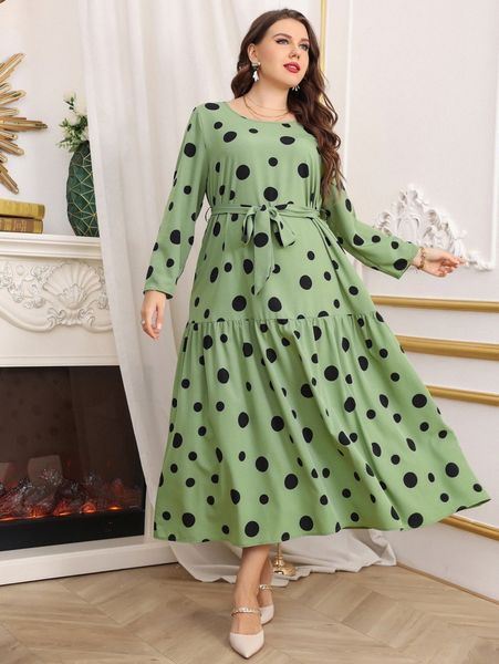 

plus polka dot ruffle hem belted dress w5tq#, Black