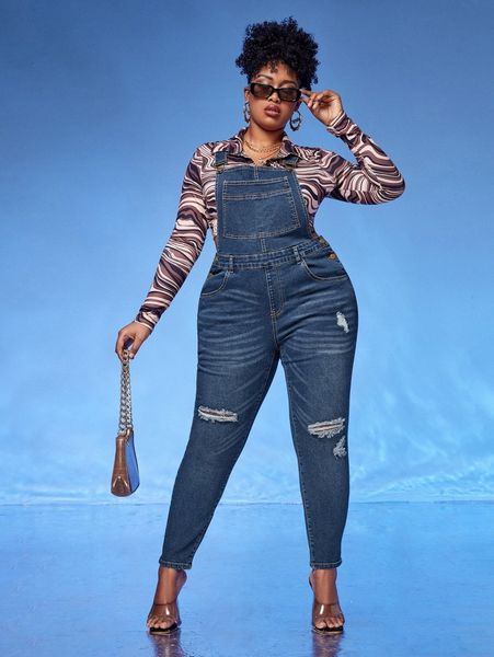 

sxy plus slant pocket ripped denim overalls o4ym#, Black;white