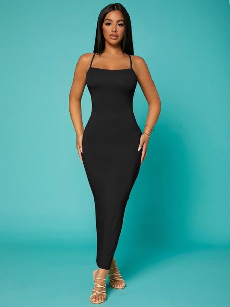 

sxy solid criss-cross backless bodycon dress 154j#, Black;gray