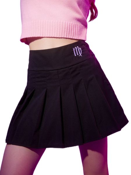

romwe virgo graphic embroidery pleated skirt w6ti#, Black