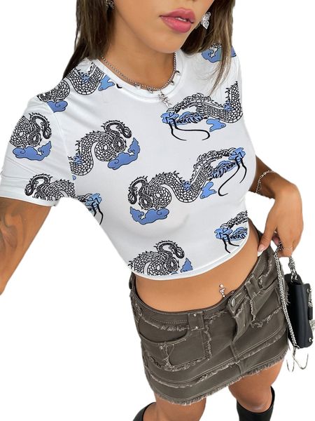 

chinese dragon print mock neck crop tee y4gj#, White