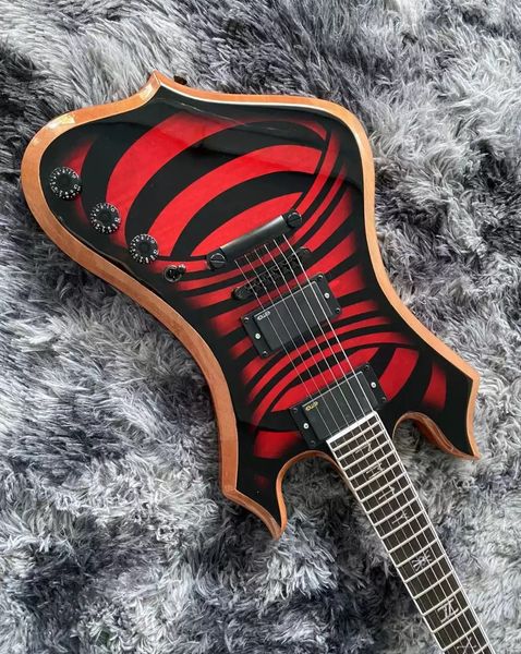 

red &black electric guitar body mahogany hardware black emg pickups inlays words
