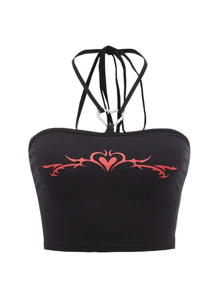 

heart print ring tie backless halter 70zh#, White