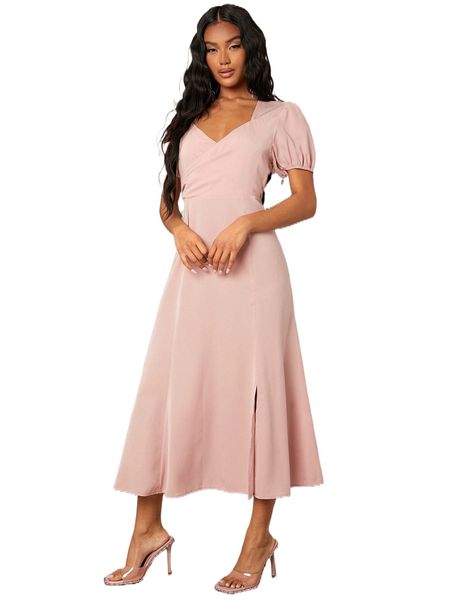 

puff sleeve split thigh dress s8vz#, Black;gray