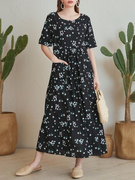 

pocket front ditsy floral smock dress 247q#, Black;gray