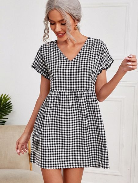 

frill trim cuff gingham dress 46ku#, Black;gray
