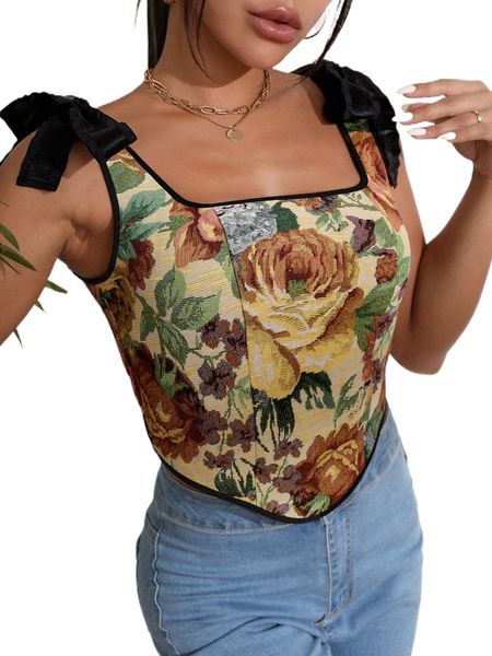 

floral pattern contrast binding tie shoulder asymmetrical hem tank d2d9#, White