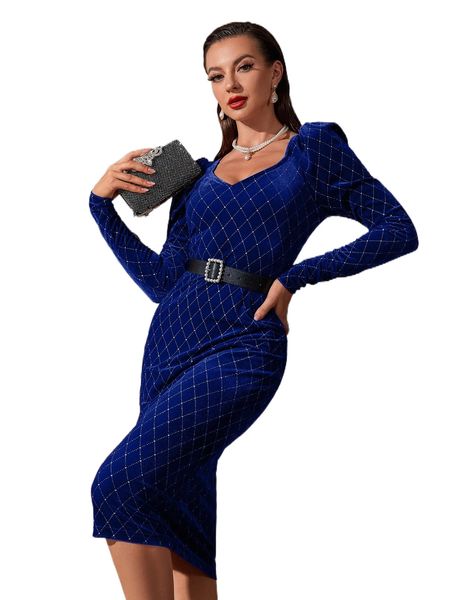 

argyle pattern puff sleeve velvet dress without belt a44k#, Black;gray