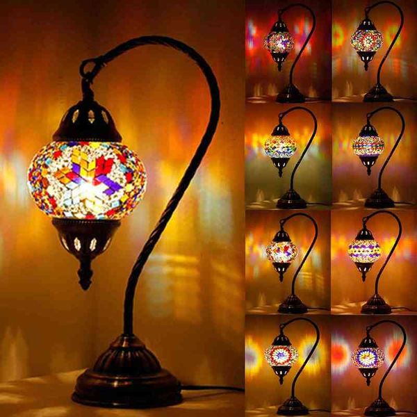 Kunst Kreativität Tischlampe Mediterranen Stil E27 LED Vintage Nachttischlampe Buntglas Lampenschirm für Nachttisch Schlafzimmer Arbeitszimmer H220423