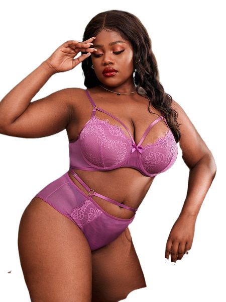 

plus contrast lace bow cut out underwire lingerie set without liner n3wg#, Black;white