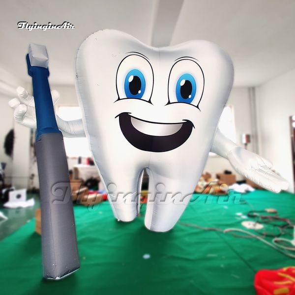 Dente Gonfiabile Pubblicitario Personalizzato Modello 2m / 3m Figura Del Fumetto Palloncino Dente Gonfiabile Bianco Uomo Che Tiene Uno Spazzolino Da Denti Per Suggerimenti Per La Salute Dentale