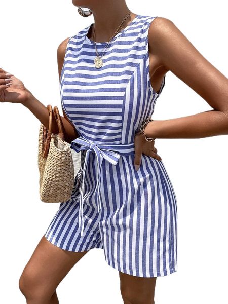 

striped belted tank romper 999k#, Black;white