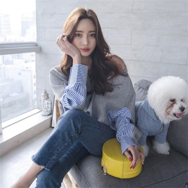 

superaen korean style autumn and winter new vneck ladies sweater stripes loose wild women clothing y200910, White;black