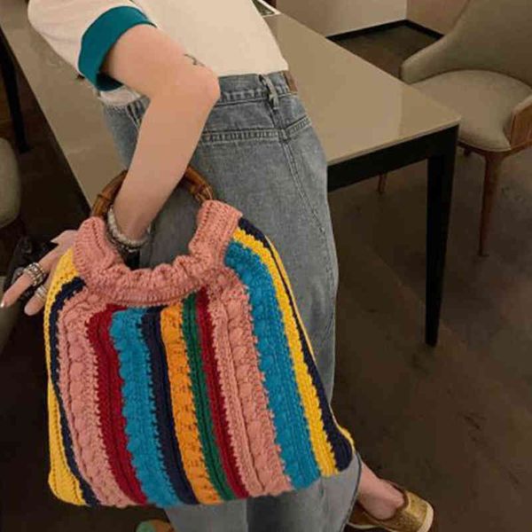 Sacos de compras verão algodão bambu mulheres bolsa de doces moda praia senhoras top handle listrado colorido casual bolsa de embreagem de bolsa feminina 220318