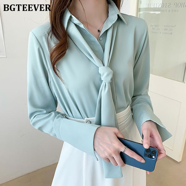 

elegant lapel women ribbon shirts blouses 2022 spring summer single-breasted loose female ladies chiffon blouses, White