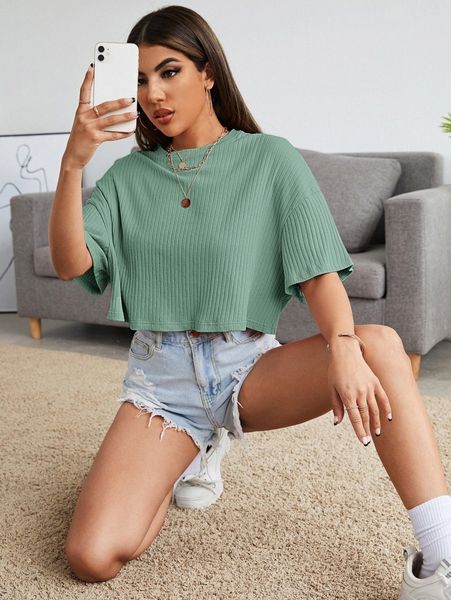 

drop shoulder solid rib-knit crop tee 42pt#, White