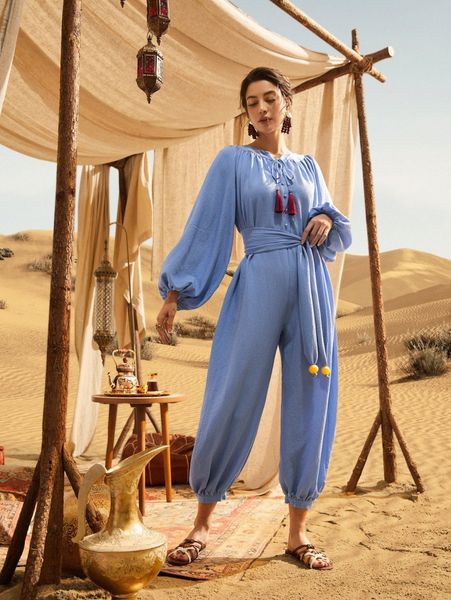 

tie front tassel detail belted lantern sleeve jumpsuit o0jd#, Black;white