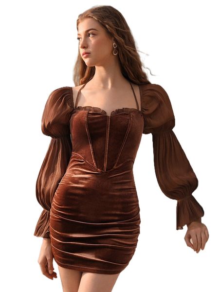 

mod sweetheart neck flounce sleeve velvet dress j6s7#, Black;gray