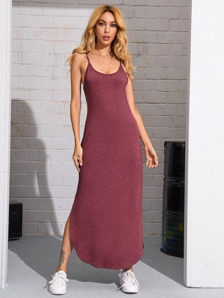 

curved hem heather knit slip dress f9mh#, Black;gray