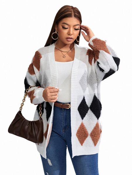 

plus argyle pattern drop shoulder duster cardigan m8du#, Black