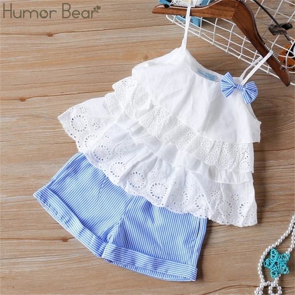 

humor bear girl s clothes set summer children bow lace sling t shirt striped short pants sets kids sleeveless clothing 220620, White