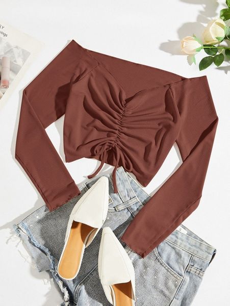 

ribbed knit drawstring front tee c0qz#, White