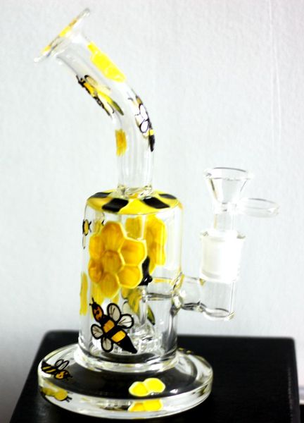 Yellow Honeybee 8,5 Zoll kleine Glas-Wasserbong-Wasserpfeifen mit Reifen-Perkolator-Recycler-Rauchpfeifen mit 14-mm-Innengewinde