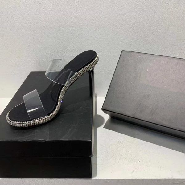 

designers sandal stiletto heel slide slipper shoe clear pvc straps women crystal mesh shiny enamel heels dress wedding shoes black sandals b