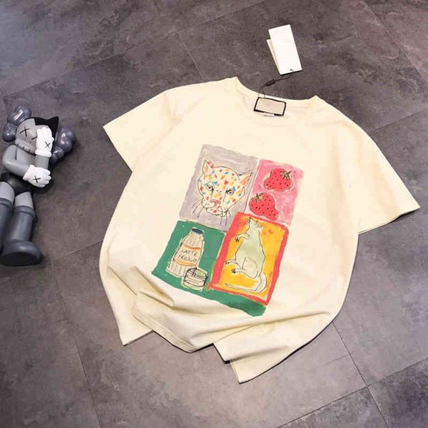 

design brand factory wholesale new model spring and summer four palaces grid hand-painted printing casual round neck short sleeve t-shirt, White