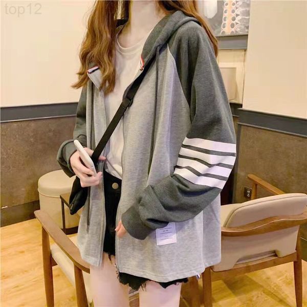 

designer sweatshirt tb22 spring new korean loose zipper cardigan hooded terry sweater men's and women's same color contrast ribbon, Black