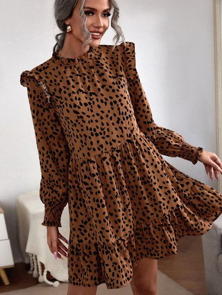 

dalmatian print ruffle trim dress u0kj#, Black;gray