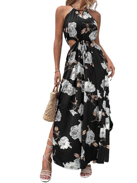 

floral print cut out split thigh maxi dress q2ca#, Black;gray